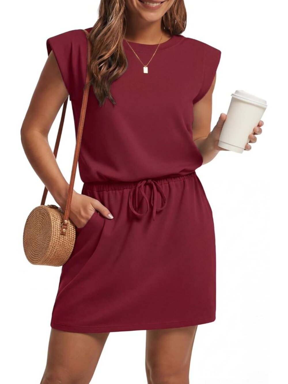 Women's Wine Red Casual Cap Sleeve Crew Neck Drawstring Waist Mini Beach Dress